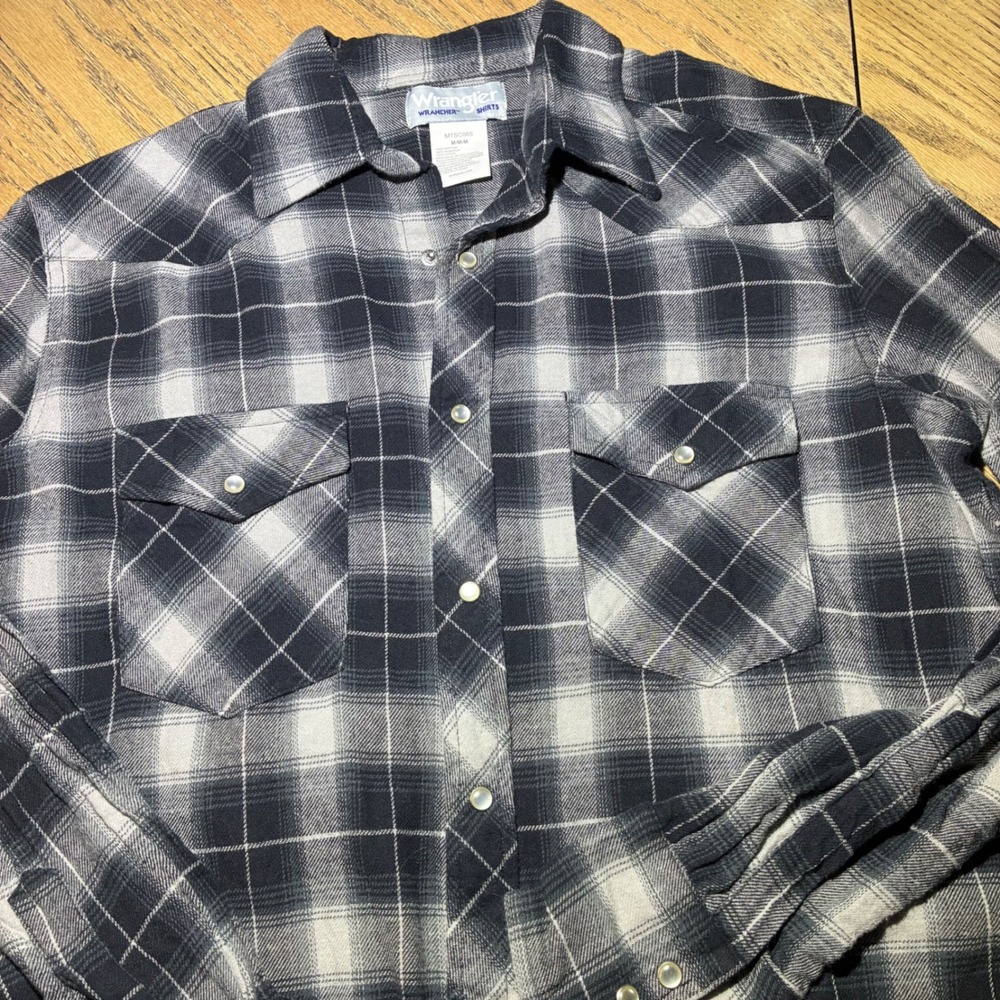 Wrangler Wrancher Mens Black White Plaid Pearl Snap Western Flannel Shirt Medium - Picture 2 of 6